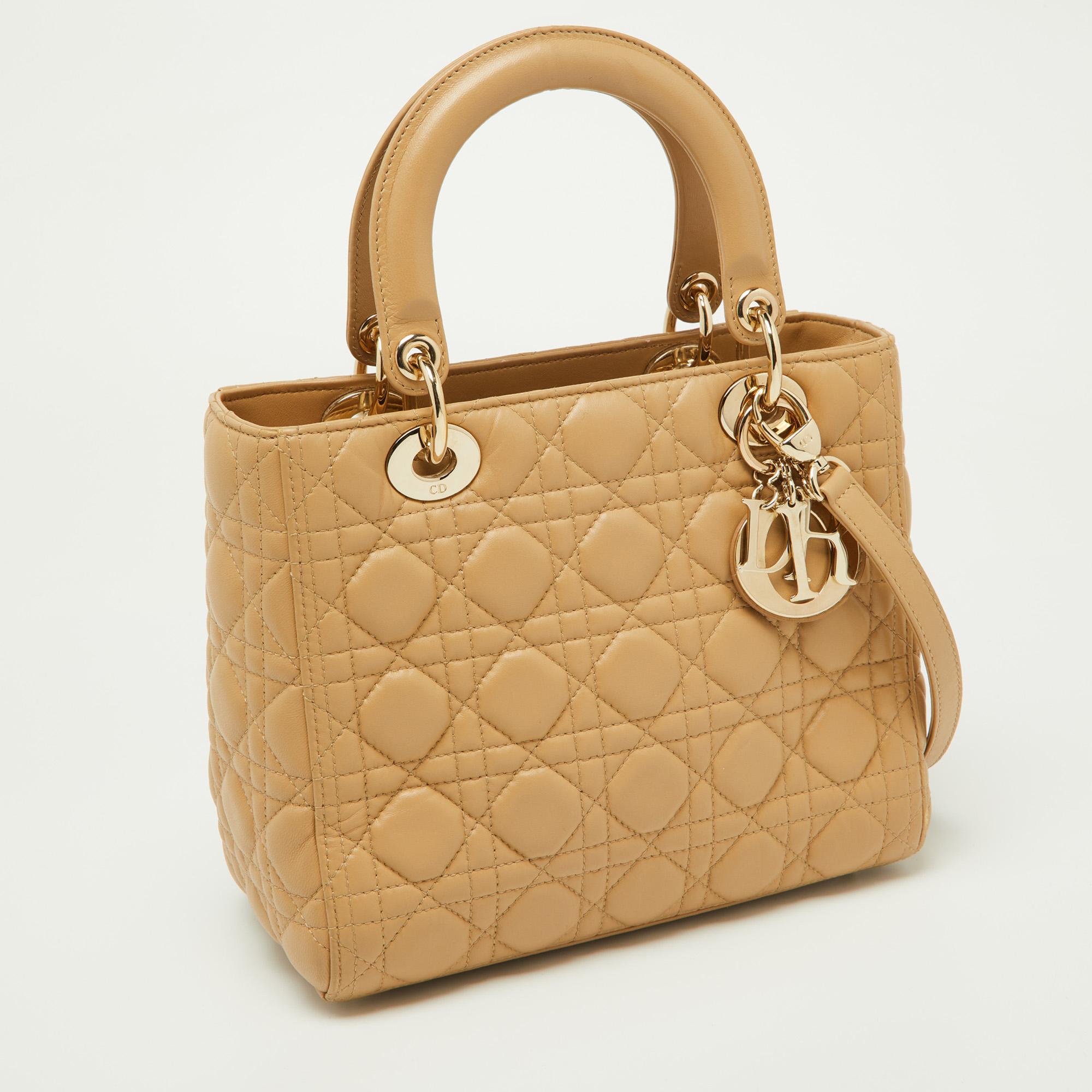 Dior Beige Cannage Quilted Leather Medium Lady Dior Tote In Good Condition In Dubai, Al Qouz 2