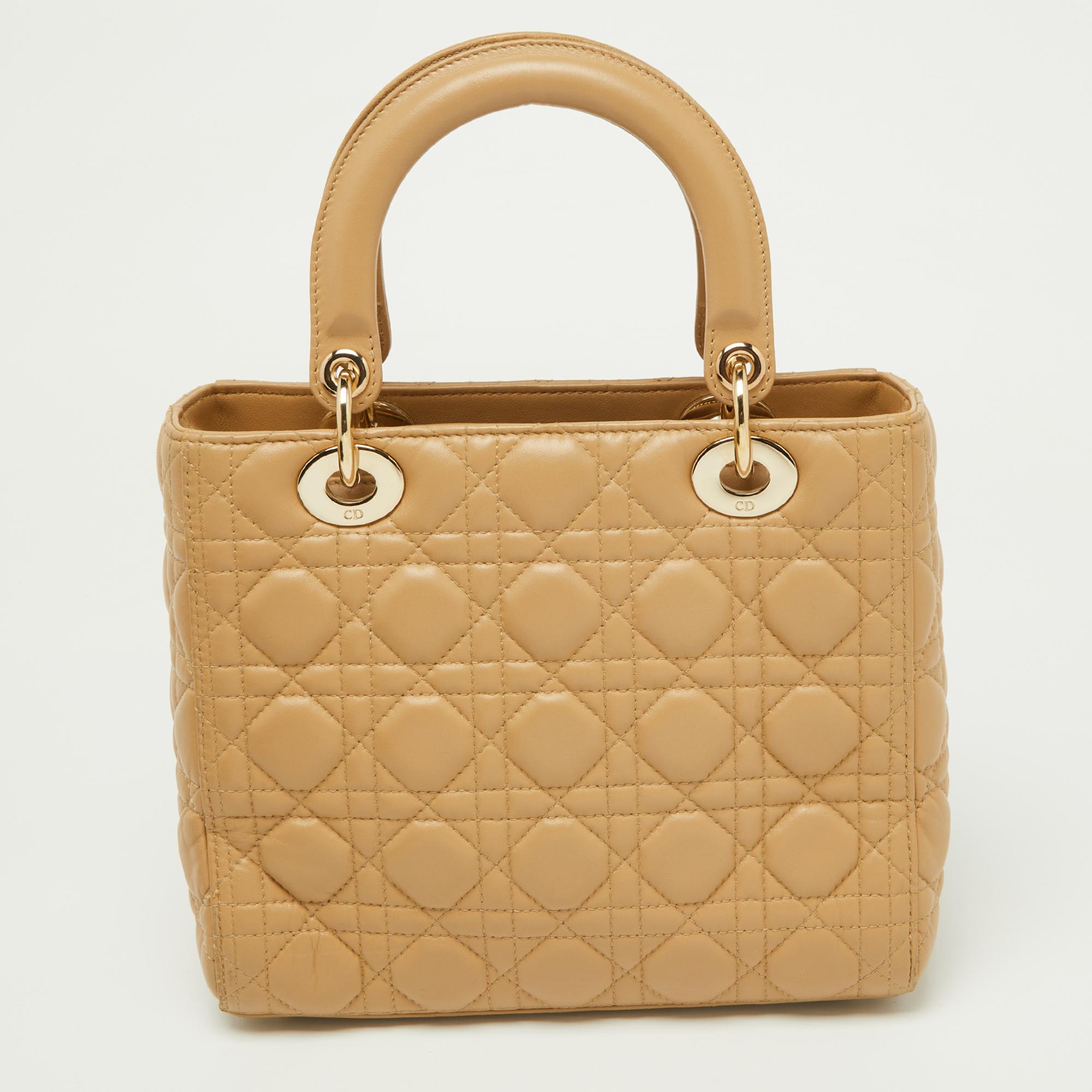 Women's Dior Beige Cannage Quilted Leather Medium Lady Dior Tote