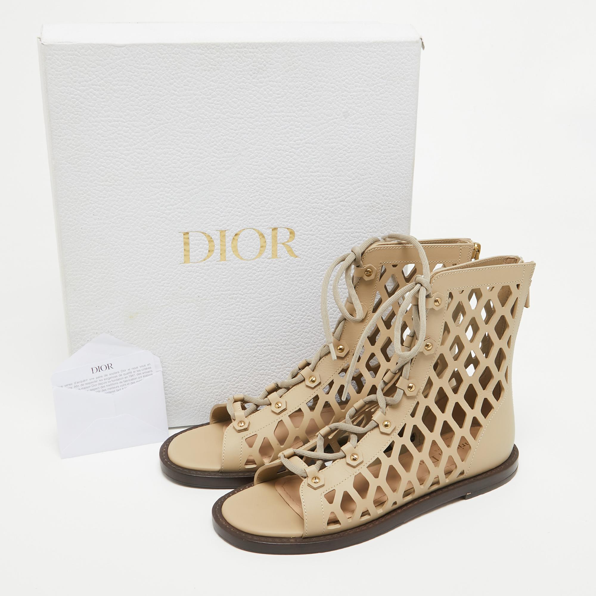 Women's Dior Beige Cutout Leather D-Trap Gladiator Sandals Size 37