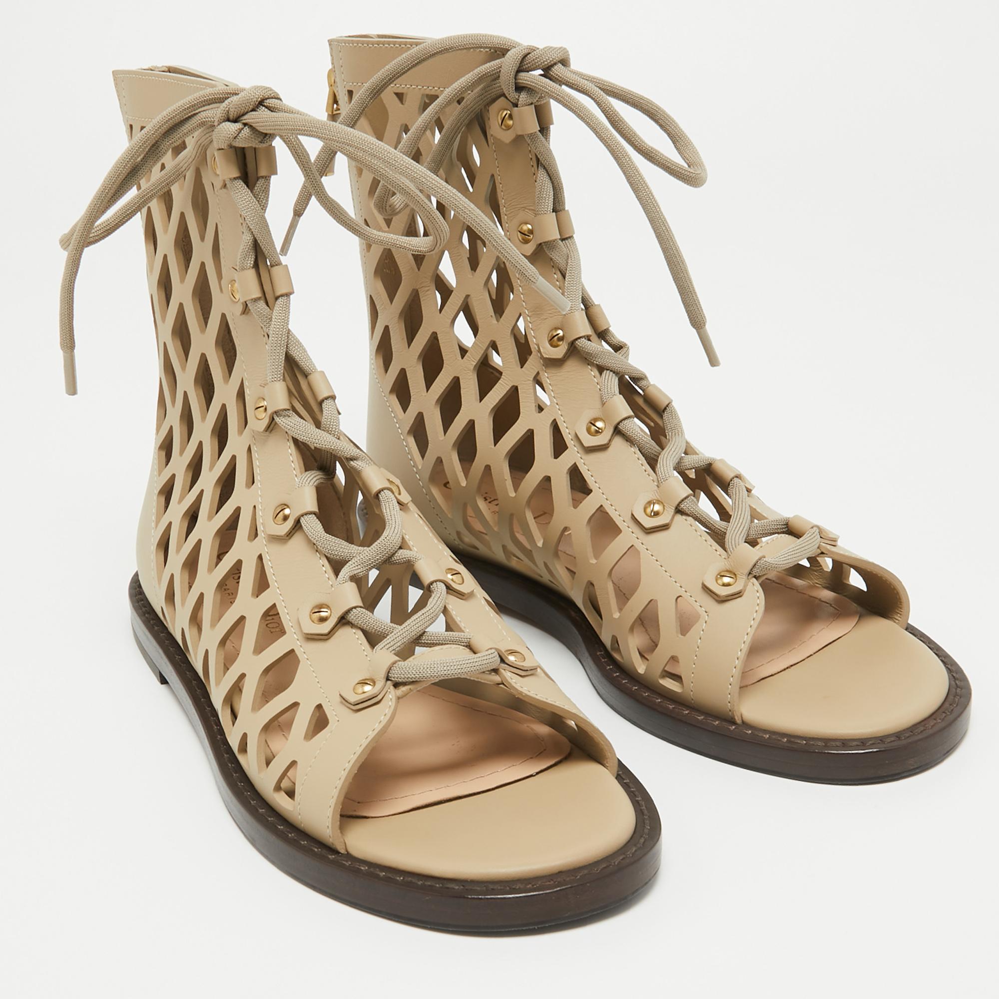 Dior Beige Cutout Leather D-Trap Gladiator Sandals Size 37 5