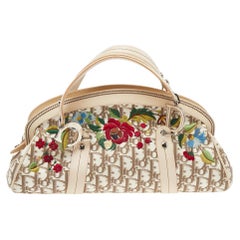 Dior Beige Diorissimo Canvas And Leather Floral Embroidered Trotter Satchel