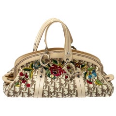 Dior Beige Diorissimo Canvas Flowers Embroidered Frame Satchel