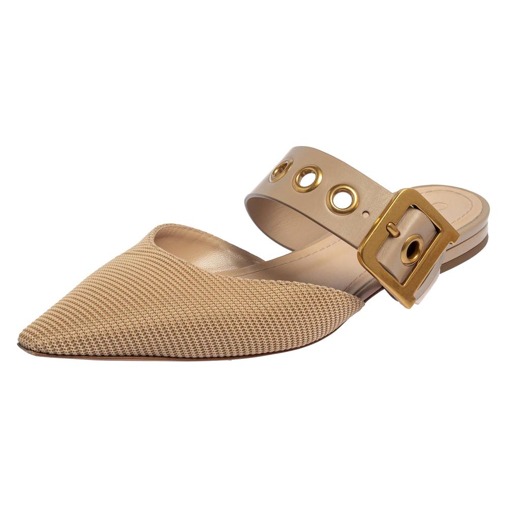 Dior Beige Fabric And Leather D Dior Flat Mules Size 40