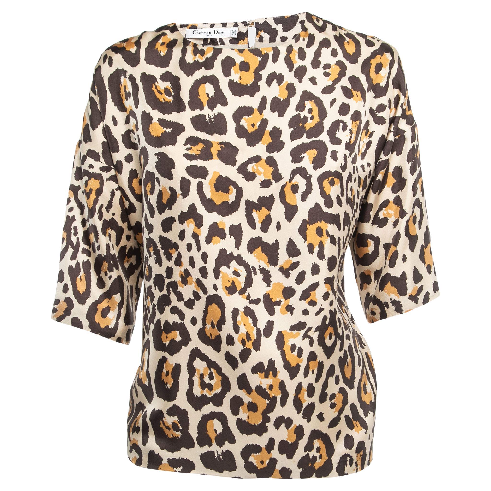 Dior Beige Leopard Print Silk Blouse S For Sale