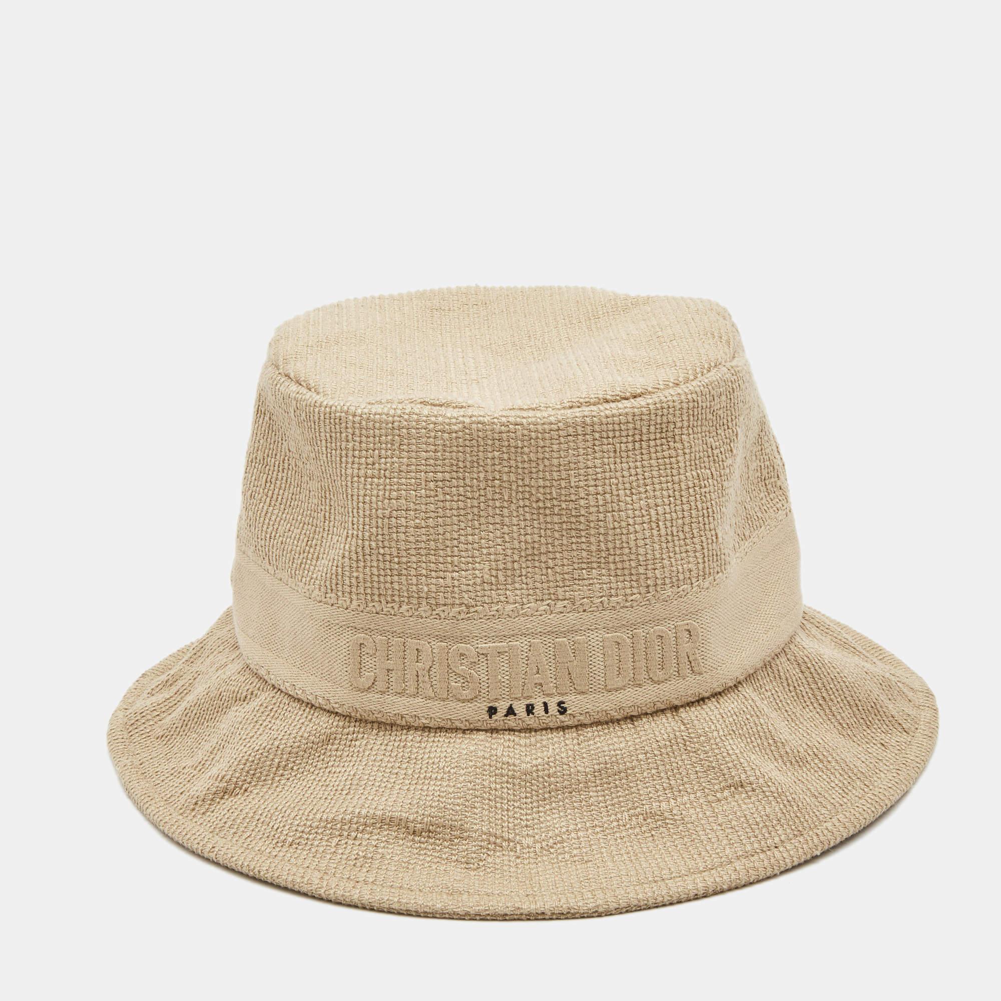 Dior Beige Logo Embroidered Cotton Bucket Hat In Good Condition In Dubai, Al Qouz 2