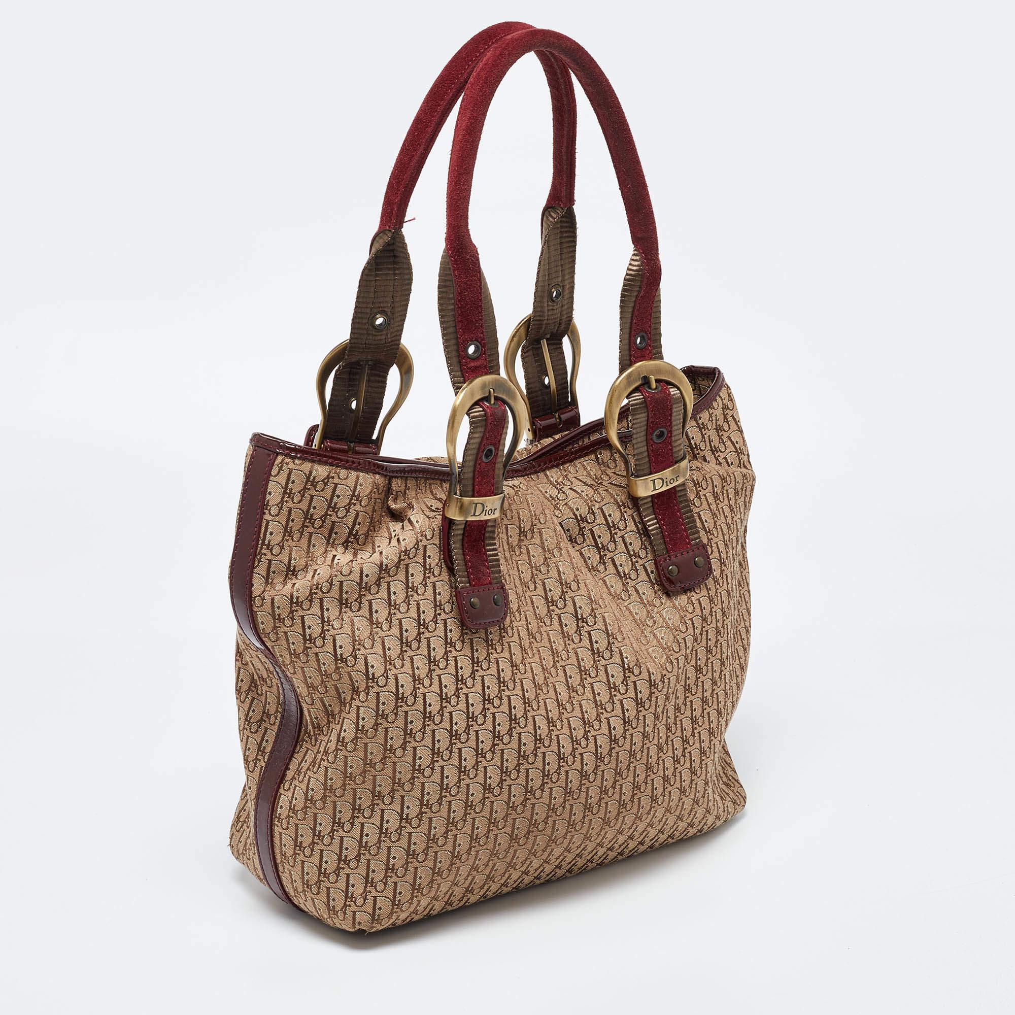 Brown Dior Beige/Maroon Oblique Canvas Suede and Patent Leather Tote