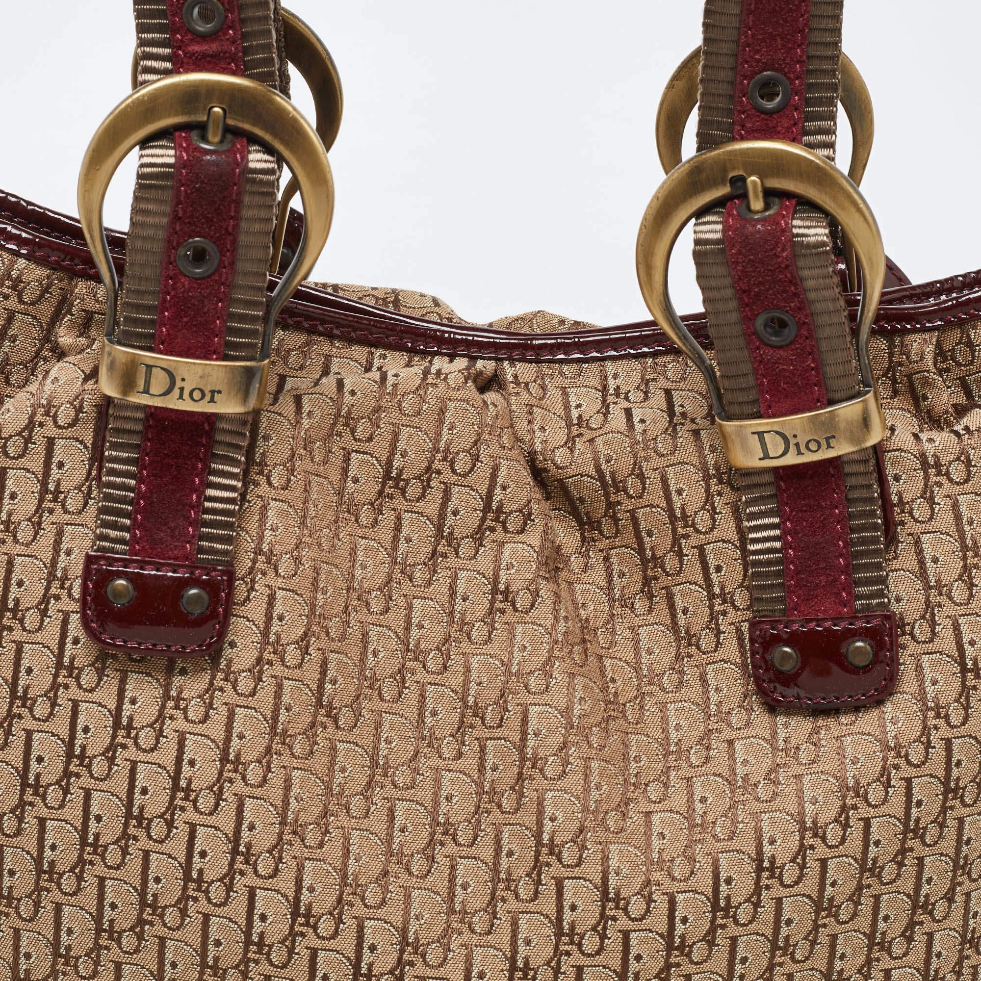 Dior Beige/Maroon Oblique Canvas Suede and Patent Leather Tote 1