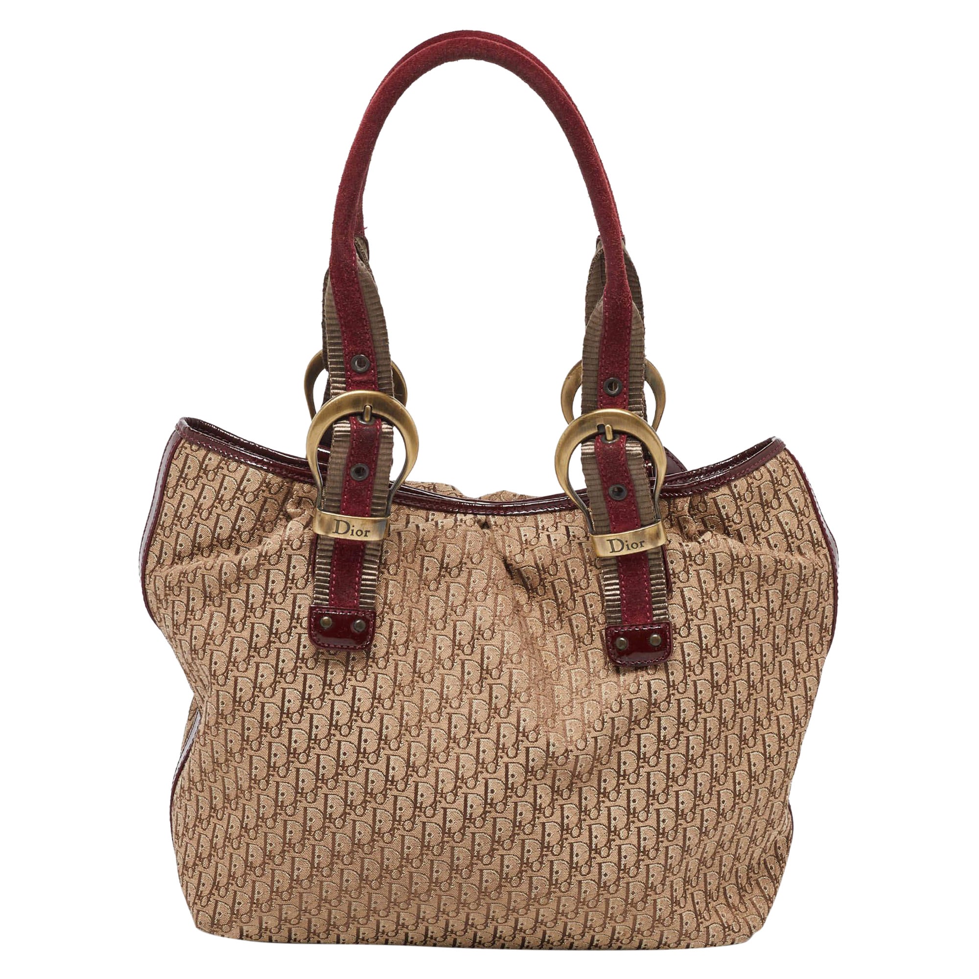 Dior Beige/Maroon Oblique Canvas Suede and Patent Leather Tote