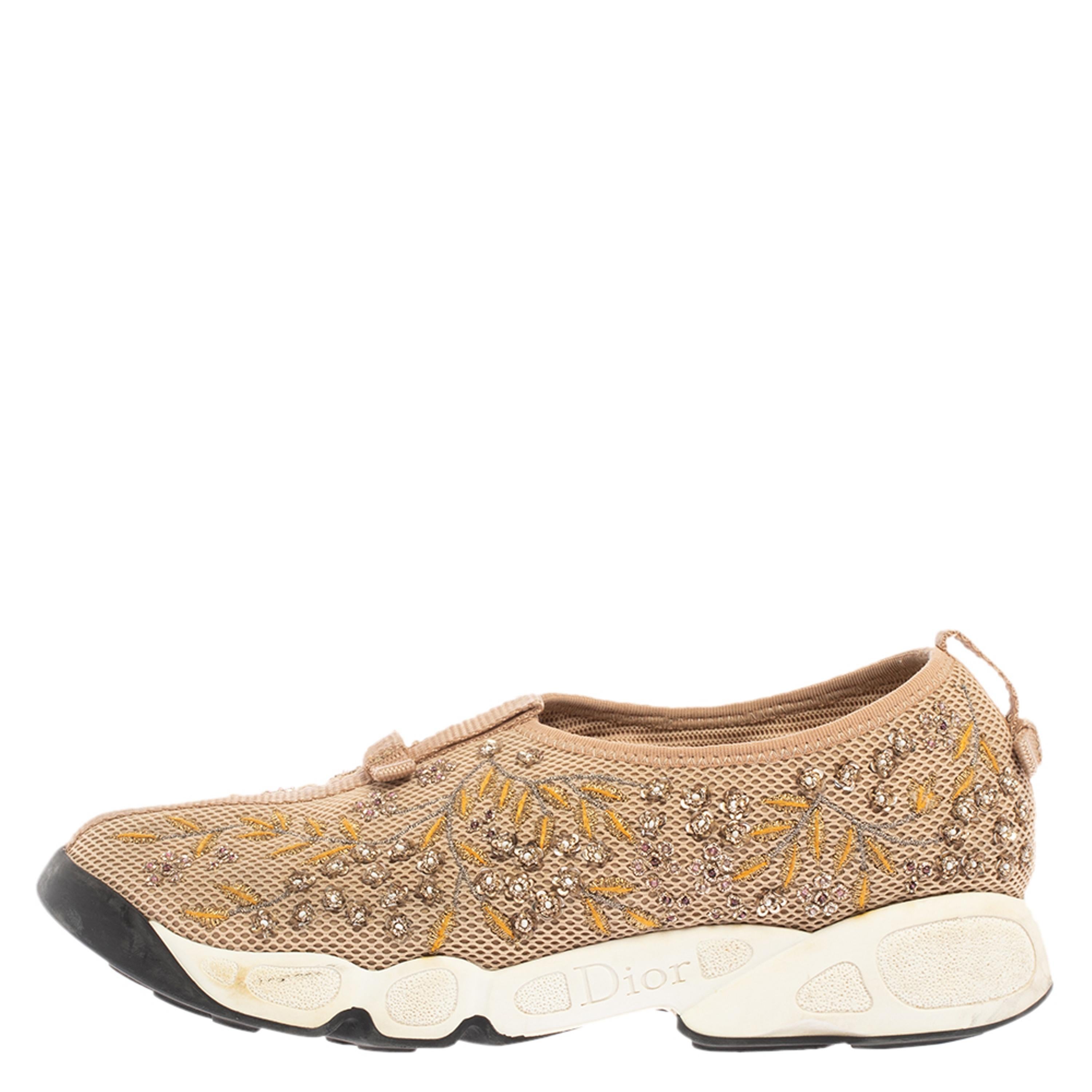 Dior Beige Mesh Fusion Floral Embellished And Embroidered Sneakers Size 38.5 4