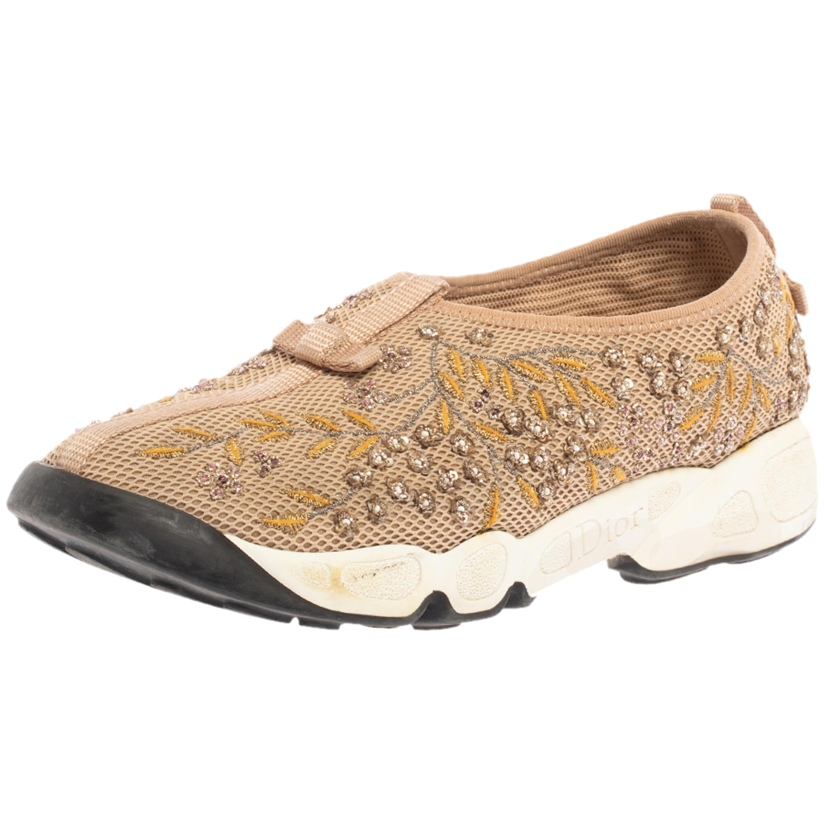 Dior Beige Mesh Fusion Floral Embellished And Embroidered Sneakers Size 38.5