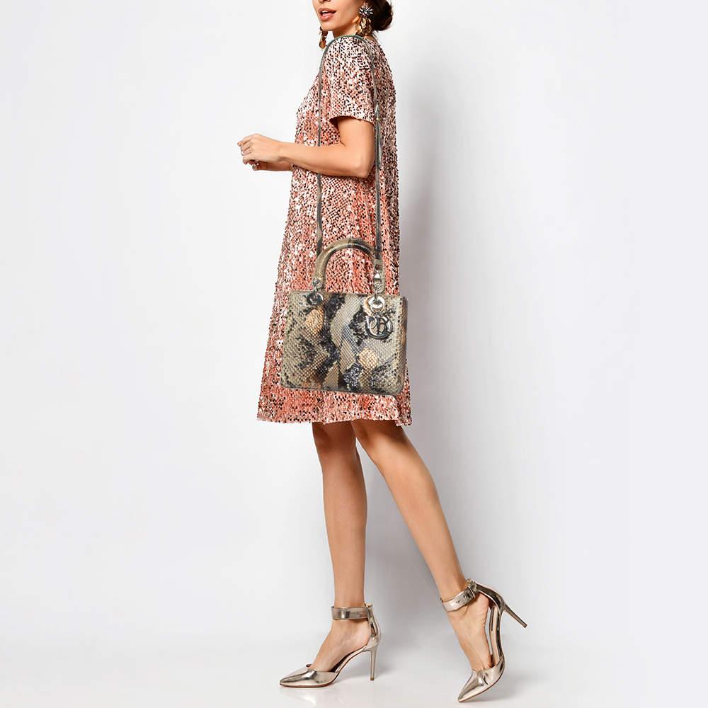 Dior Beige/Multicolor Python and Sequins Medium Lady Dior Tote In Excellent Condition For Sale In Dubai, Al Qouz 2