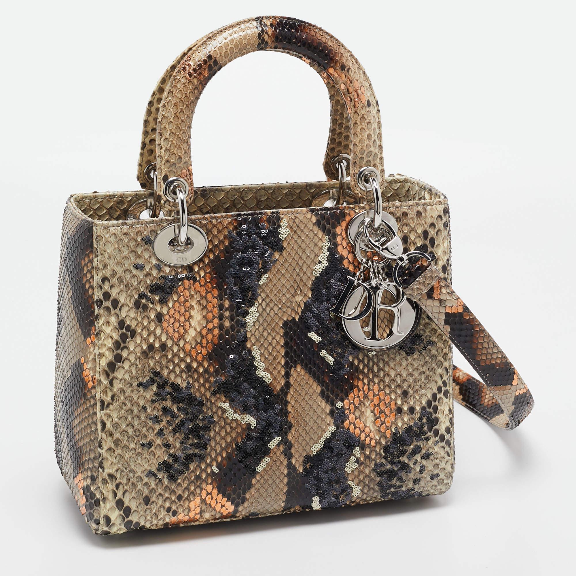 Women's Dior Beige/Multicolor Python and Sequins Medium Lady Dior Tote For Sale