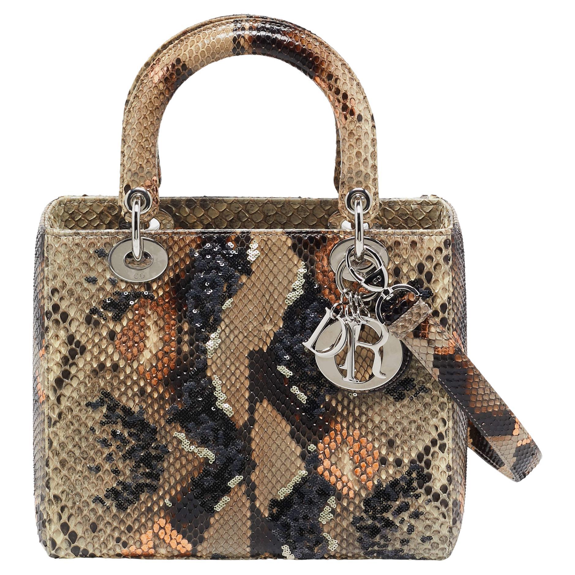Dior Beige/Multicolor Python and Sequins Medium Lady Dior Tote For Sale