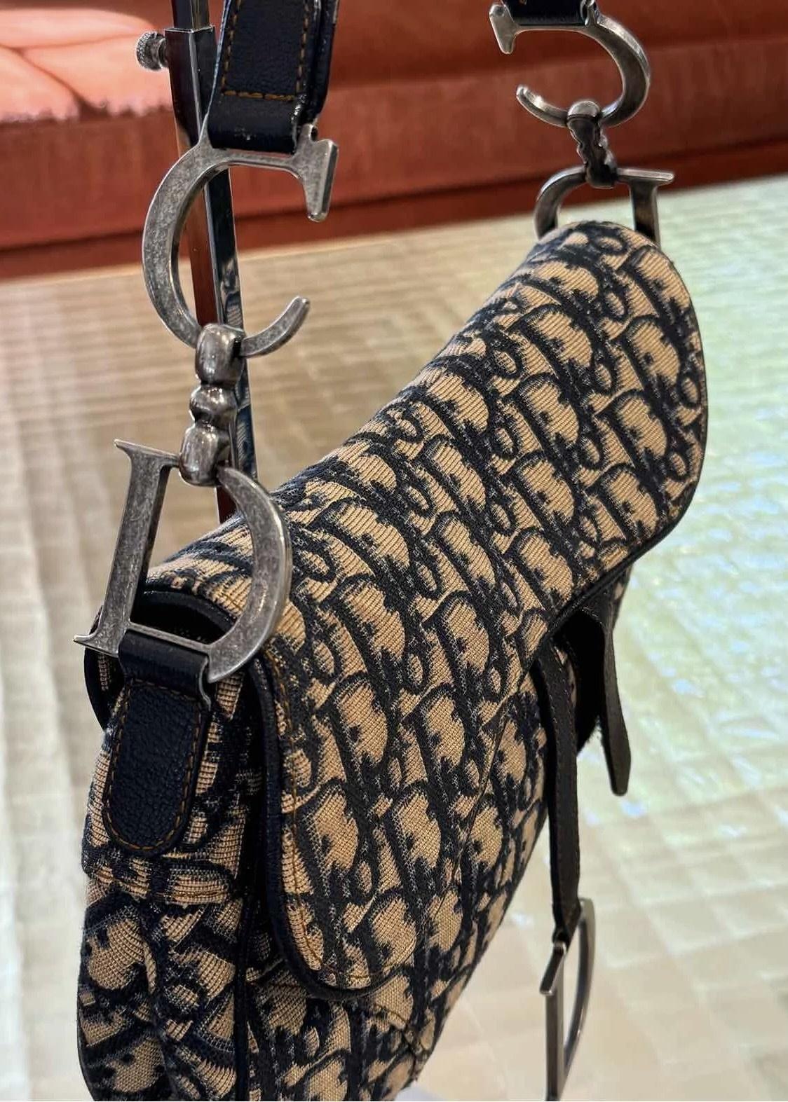 Black Dior Beige Navy Canvas Oblique Saddle Shoulder Bag For Sale