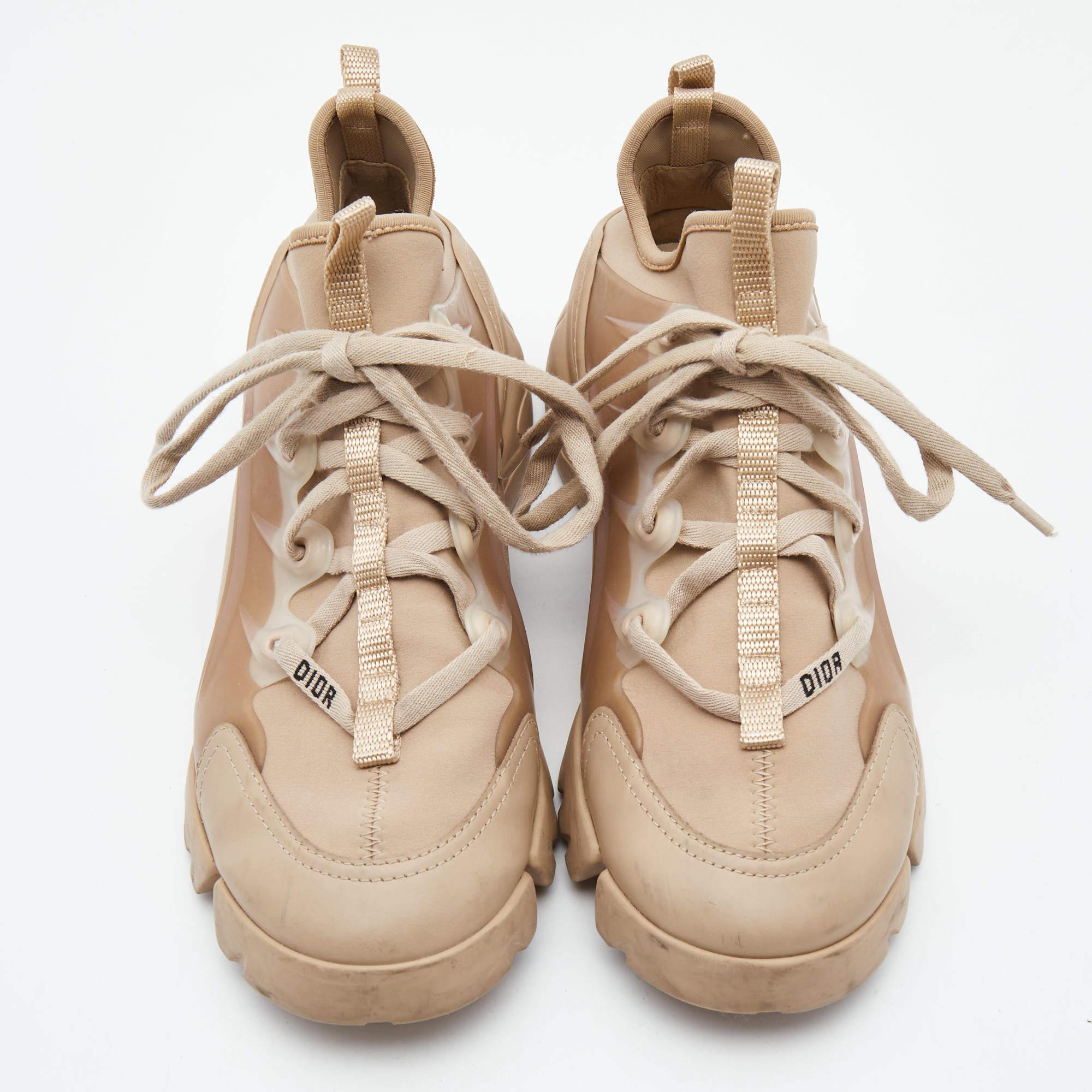 Dior Beige Nylon and Leather D-Connect Lace Up Sneakers Size 37.5 For Sale 4