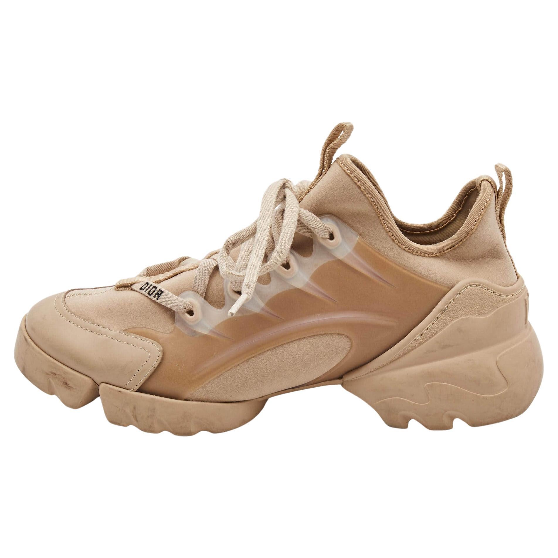 Dior Beige Nylon and Leather D-Connect Lace Up Sneakers Size 37.5 For Sale