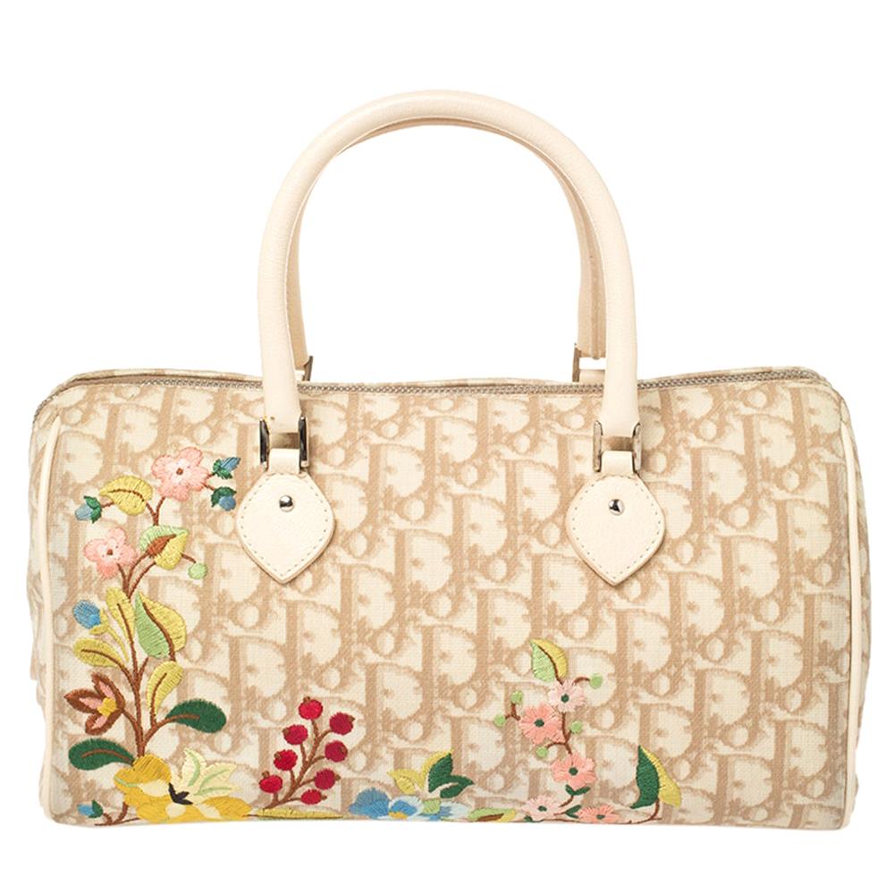 Dior Beige Oblique Coated Canvas and Leather Floral Embroidered Boston Bag