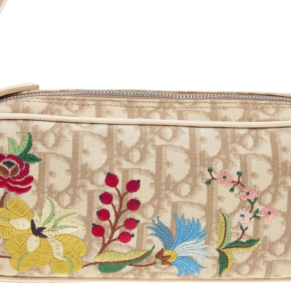 Women's Dior Beige Oblique Coated Canvas Floral Embroidered Clutch Bag