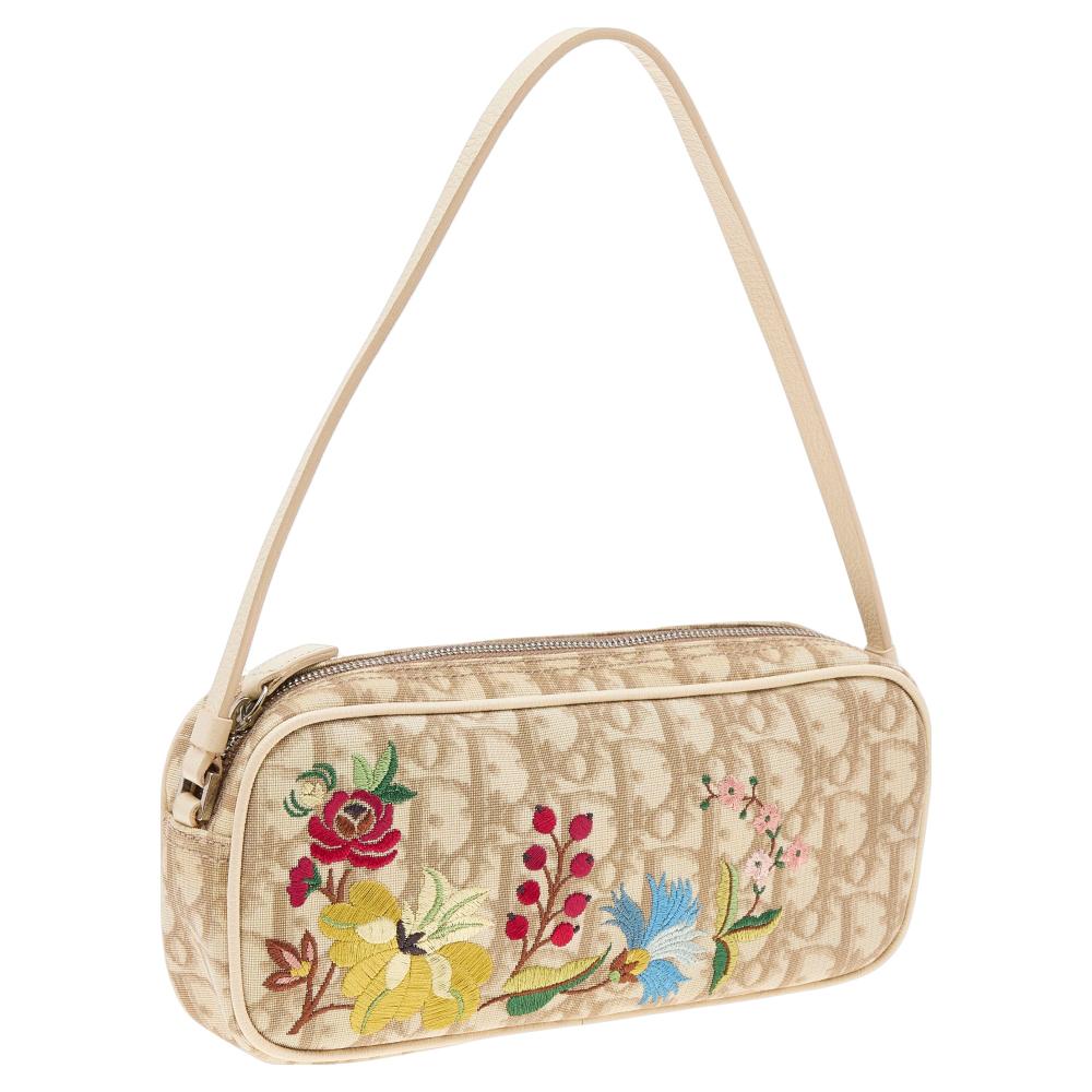 Dior Beige Oblique Coated Canvas Floral Embroidered Clutch Bag 1