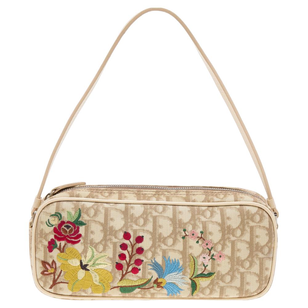 Dior Beige Oblique Coated Canvas Floral Embroidered Clutch Bag