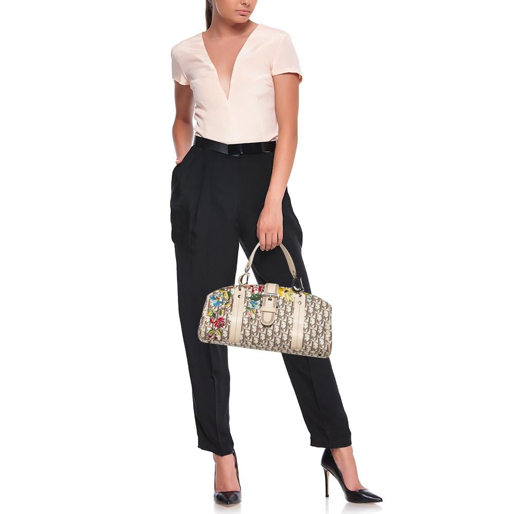 Dior Beige Oblique Floral besticktes Segeltuch und Lederrahmen Satchel im Zustand „Relativ gut“ in Dubai, Al Qouz 2