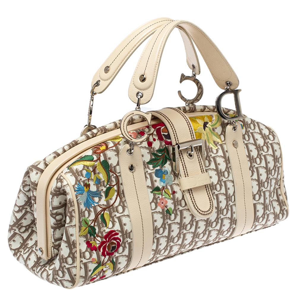 Dior Beige Oblique Floral Embroidered Canvas and Leather Frame Satchel In Fair Condition In Dubai, Al Qouz 2