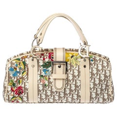 Dior Beige Oblique Floral besticktes Segeltuch und Lederrahmen Satchel