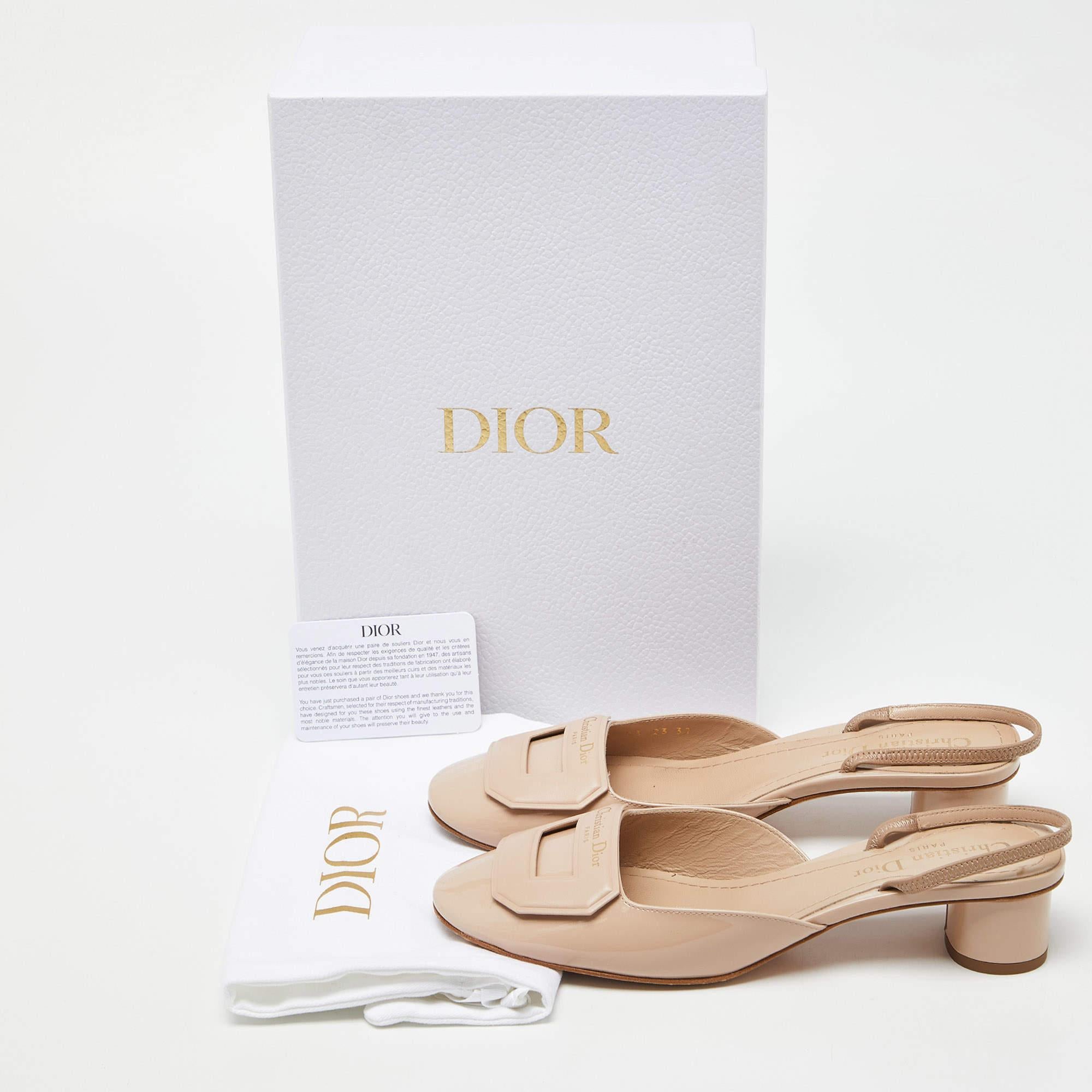 Dior Beige Patent Leather Day Block Heel Slingback Sandals Size 37 For Sale 5