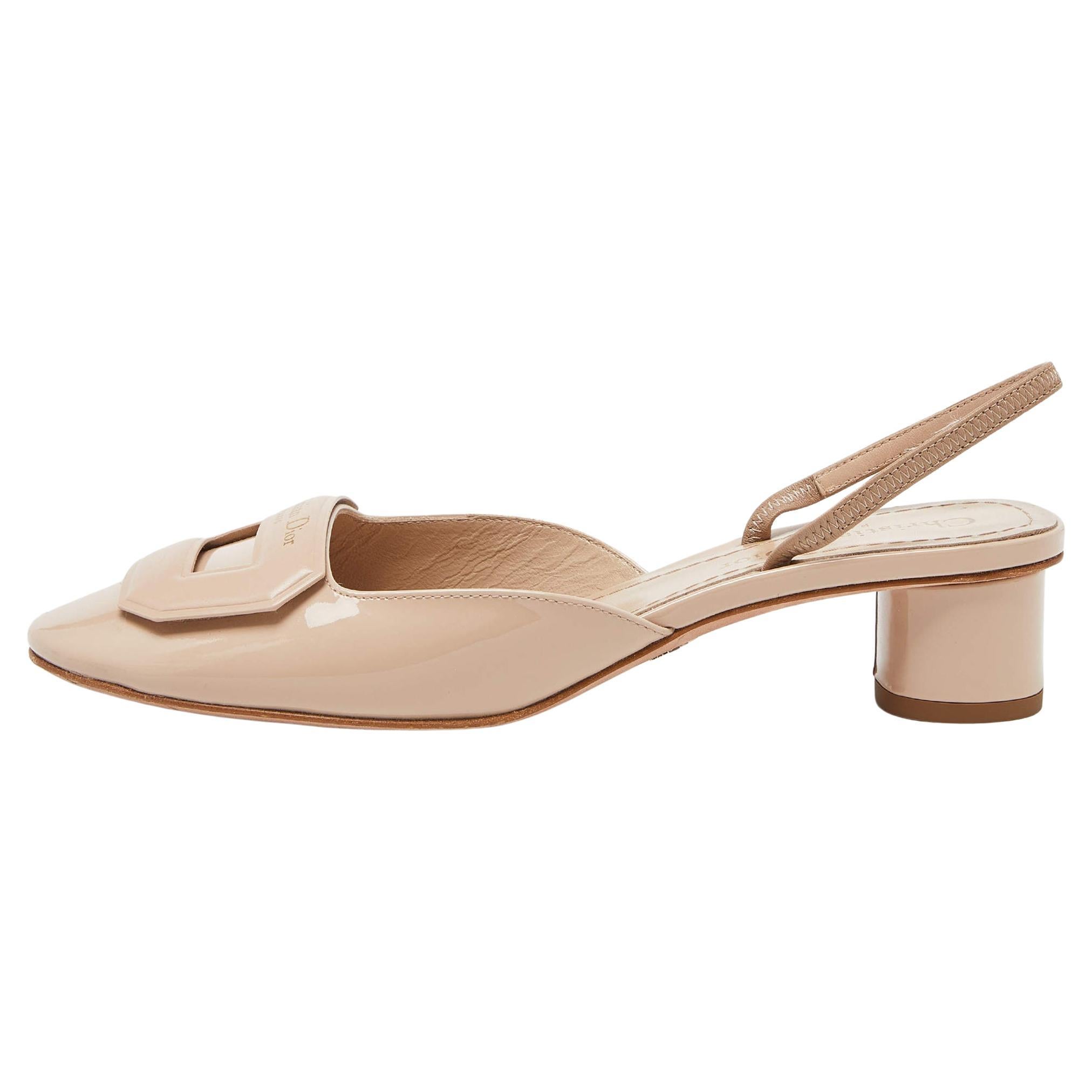 Dior Beige Patent Leather Day Block Heel Slingback Sandals Size 37 For Sale