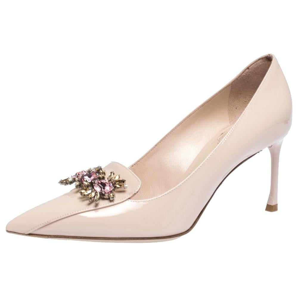 Dior Beige Patent Leather Dianeme Crystal Embellished Pointed Toe Pumps Size 38