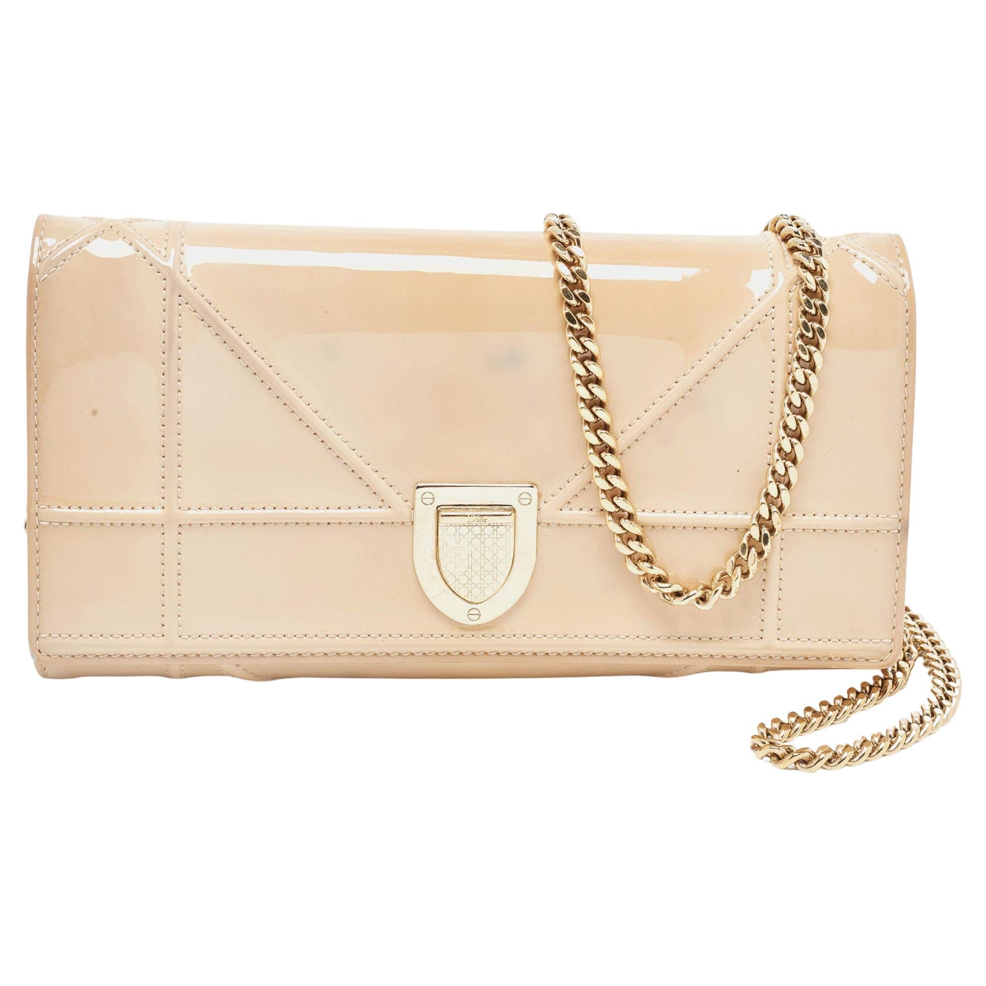 Dior Beige Patent Leather Diorama Wallet On Chain For Sale