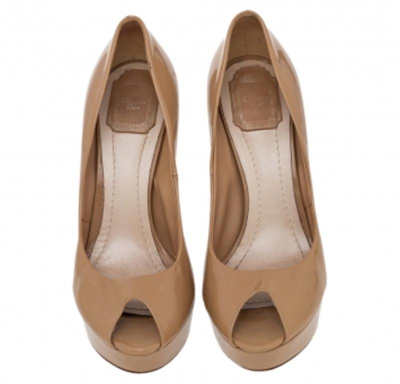 Dior Beige Patent Leather Miss Dior Peep Toe Platform Pumps Taglia 40 1