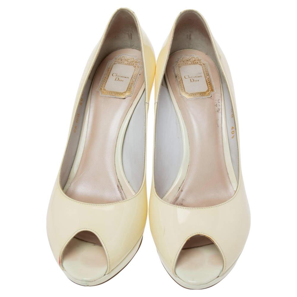Women's Dior Beige Patent Leather Miss Dior Peep Toe Platform Pumps Size 40.5 For Sale