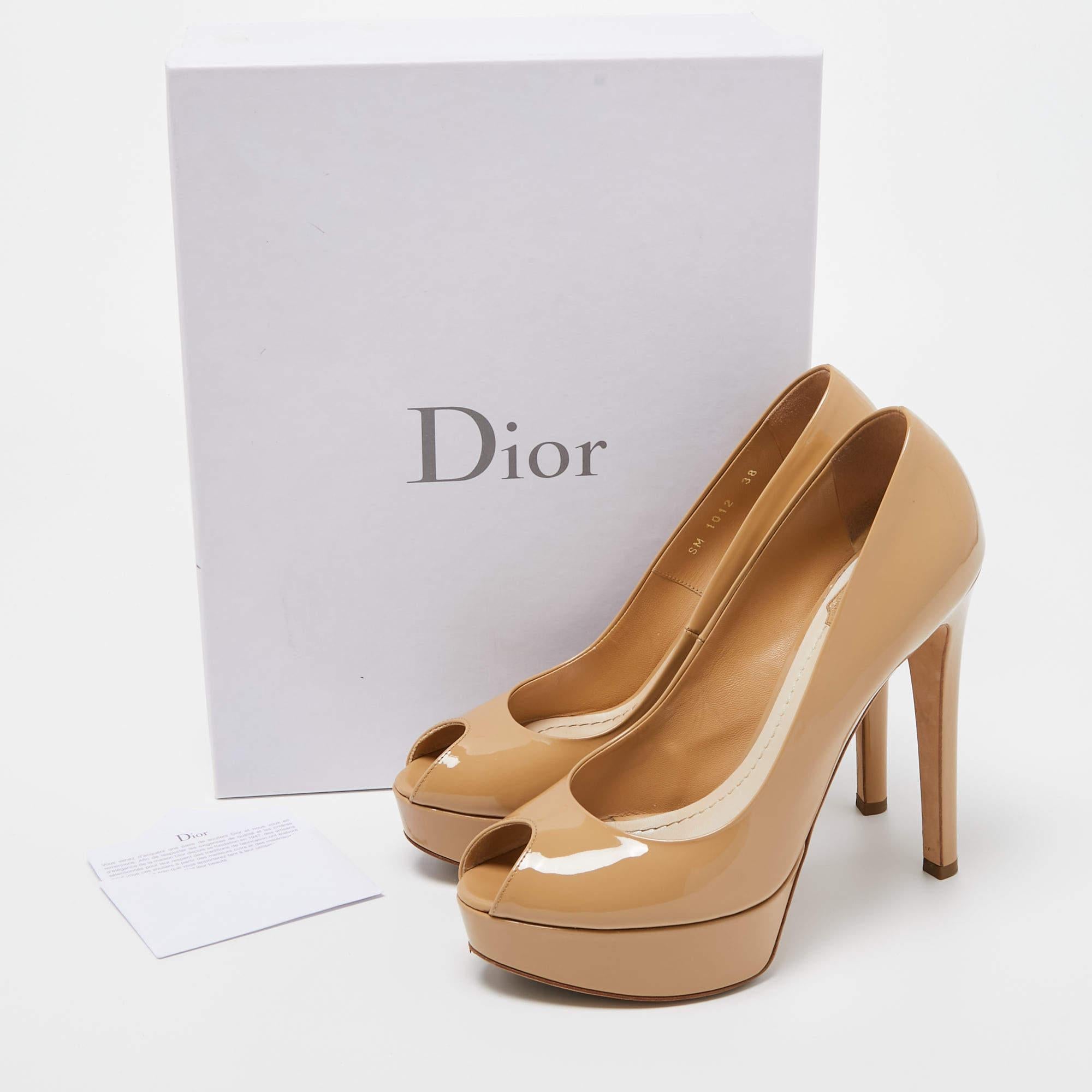 Dior Beige Patent Leather Miss Dior Platform Peep Toe Pumps Size 38 5
