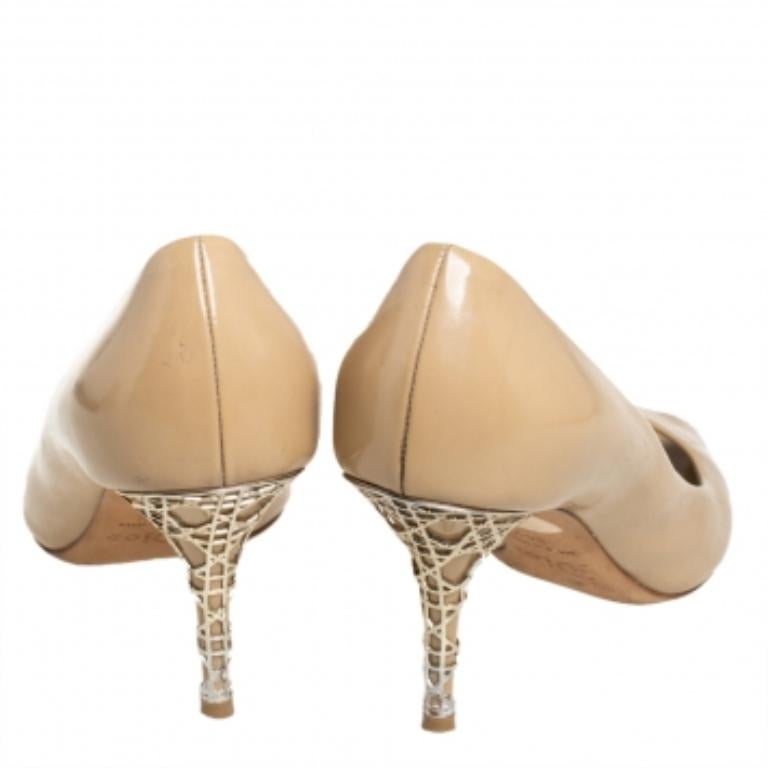 Dior Beige Patent Leather Peep Toe Cannage Heel Pumps Size 36.5 For Sale 2