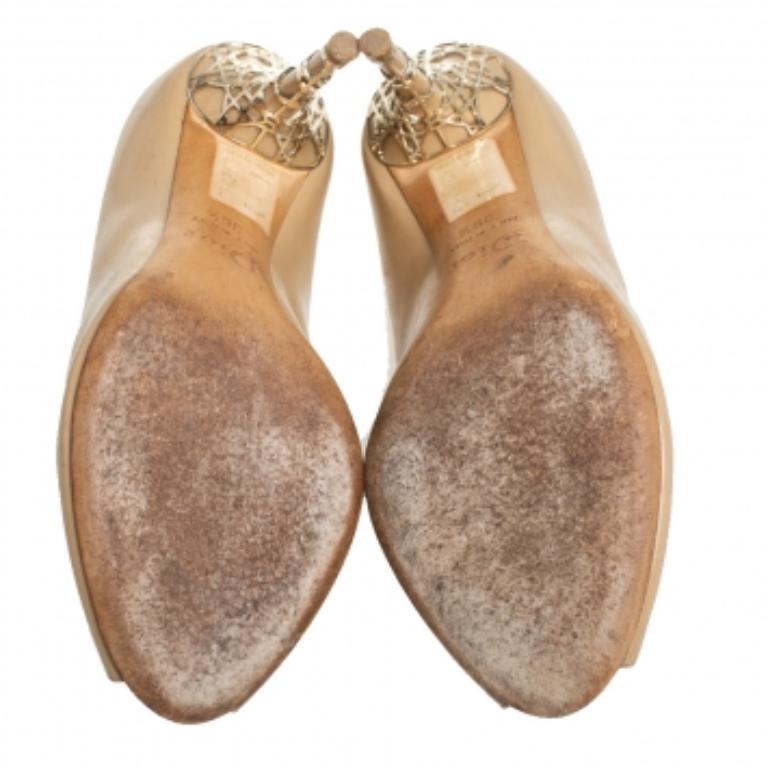 Dior Beige Patent Leather Peep Toe Cannage Heel Pumps Size 36.5 For Sale 3