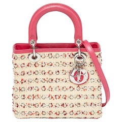 Sac cabas Lady Dior de taille moyenne en tweed de raphia beige/rose et cuir