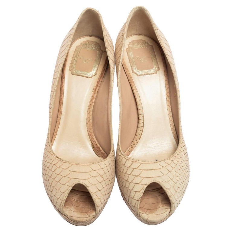 Dior Beige Python Embossed Suede Miss Dior Peep Toe Platform Pumps Size ...