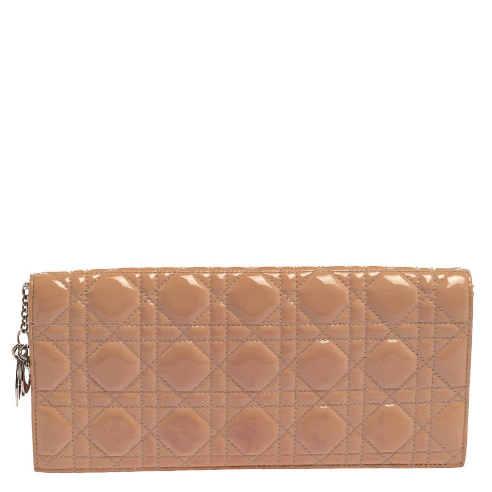 Women's Dior Beige Quilted Cannage Patent Leather Lady Dior Chain Clutch