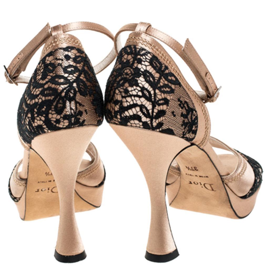 Dior Beige Satin And Black Lace Ankle Strap Open Toe Sandals Size 37.5 1