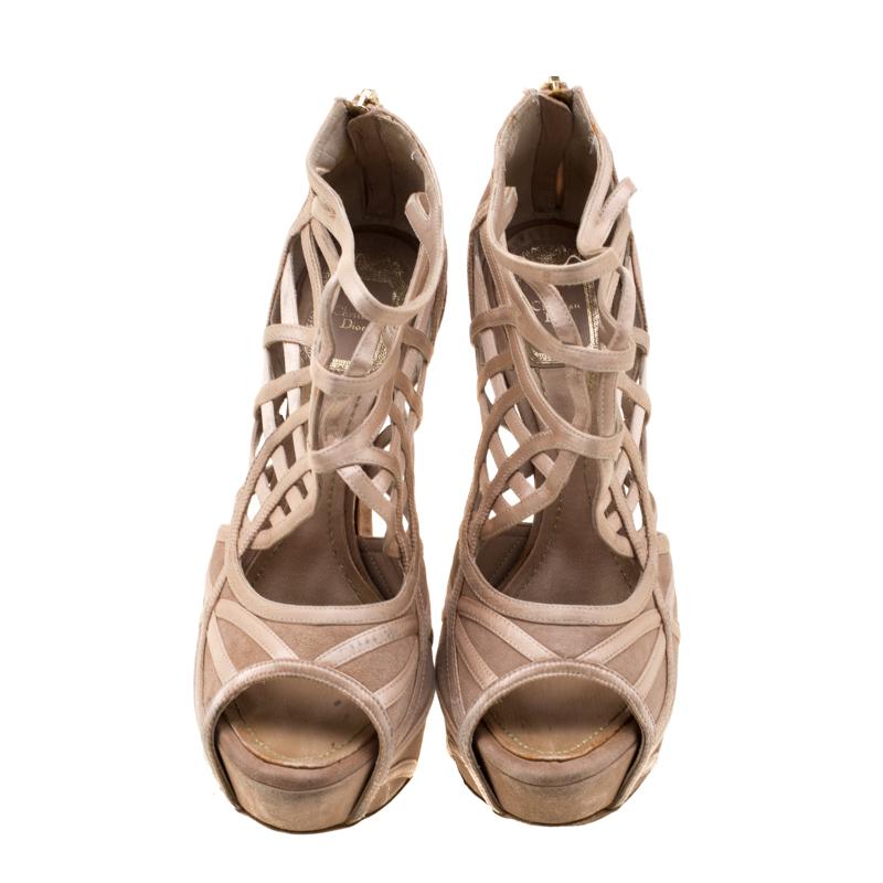 Dior Beige Satin And Suede Cut Out Open Toe Platform Sandals Size 37 In Good Condition In Dubai, Al Qouz 2