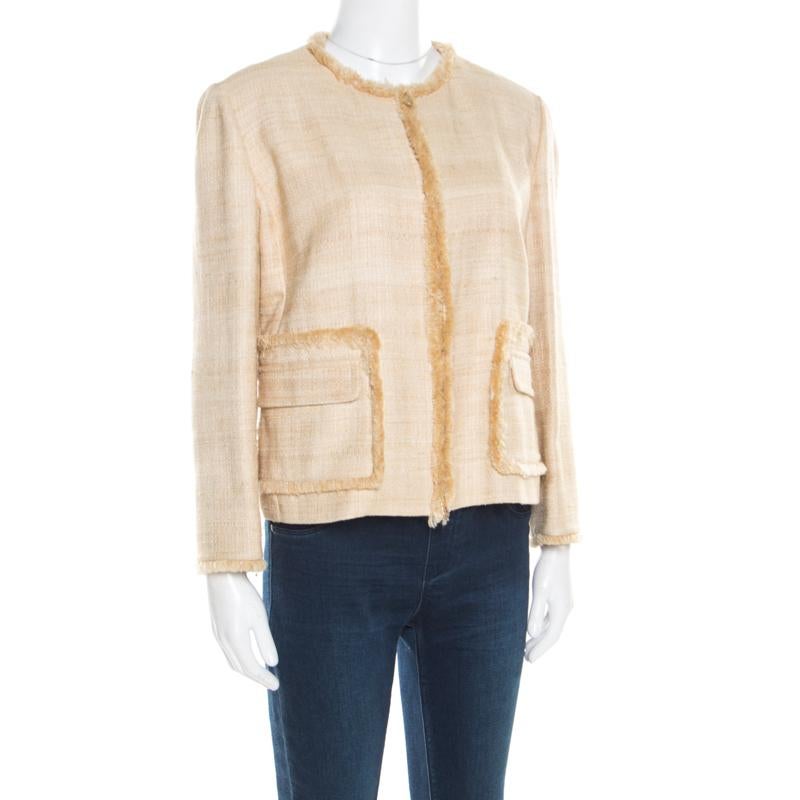 Dior Beige Silk and Linen Fringed Trim Zip Front Jacket L In Good Condition In Dubai, Al Qouz 2