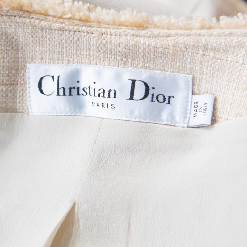 Dior Beige Silk and Linen Fringed Trim Zip Front Jacket L 1