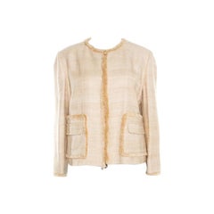 Dior Beige Silk and Linen Fringed Trim Zip Front Jacket L