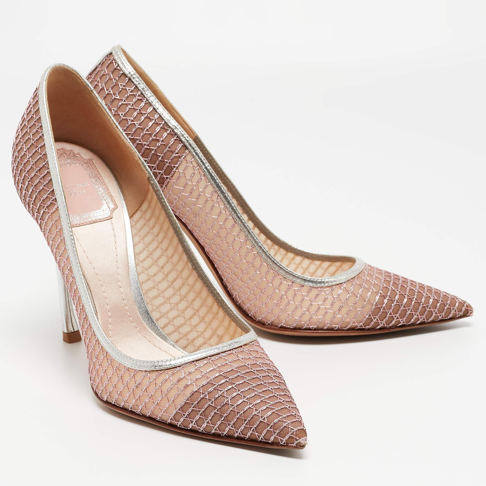 Dior Beige/Silver Leather Trim And Mesh Pointed Toe Pumps Size 37.5 In Good Condition In Dubai, Al Qouz 2