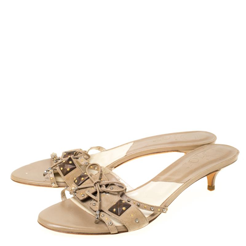 Dior Beige Studded Suede Bow Detail Open Toe Slides Size 40 For Sale at ...