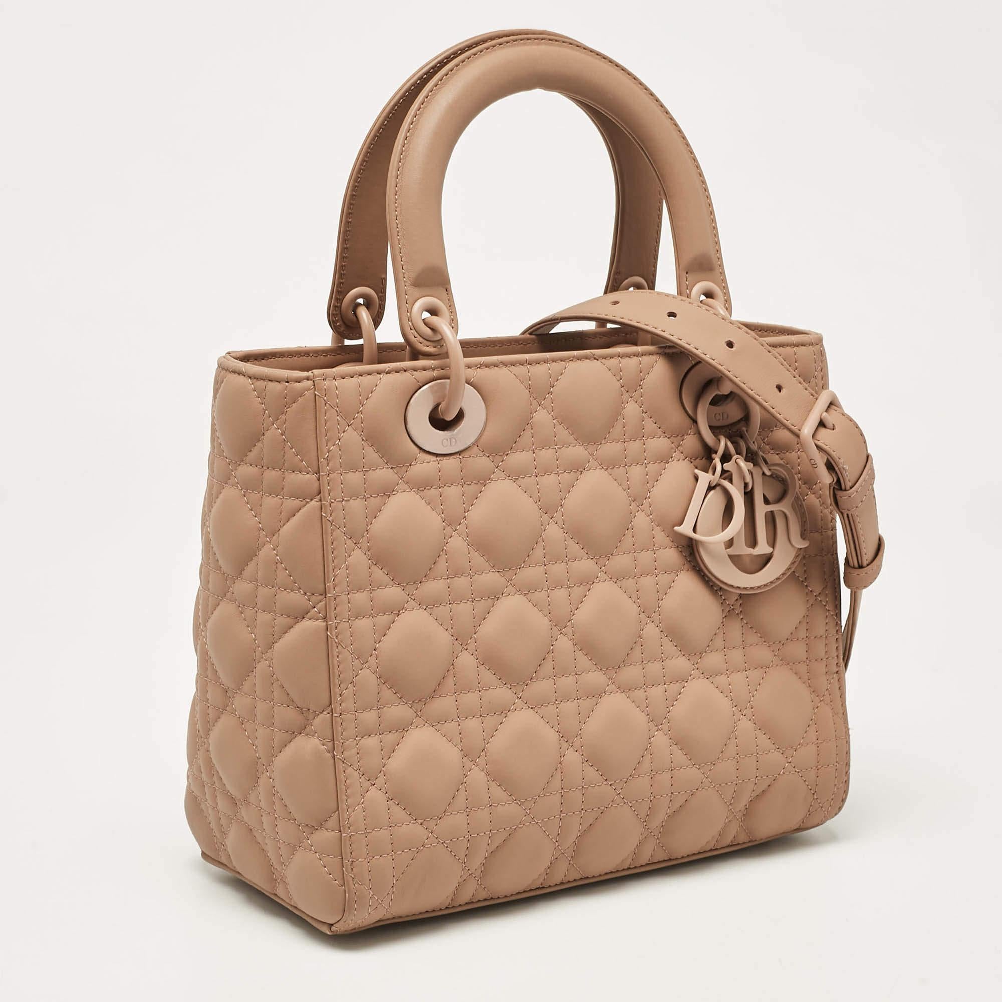 Dior Beige Ultra Matte Cannage Quilted Leather Medium Lady Dior Tote In Excellent Condition For Sale In Dubai, Al Qouz 2