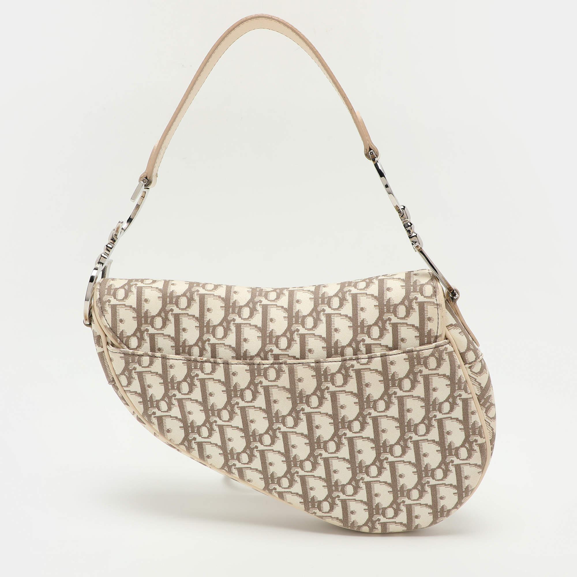 Women's Dior Beige/White Oblique Canvas and Leather Floral Embroidered Saddle Shoulder Bag For Sale