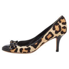 Dior Black/Beige Leopard Print Calf Hair and Patent Bow Pumps Size 39