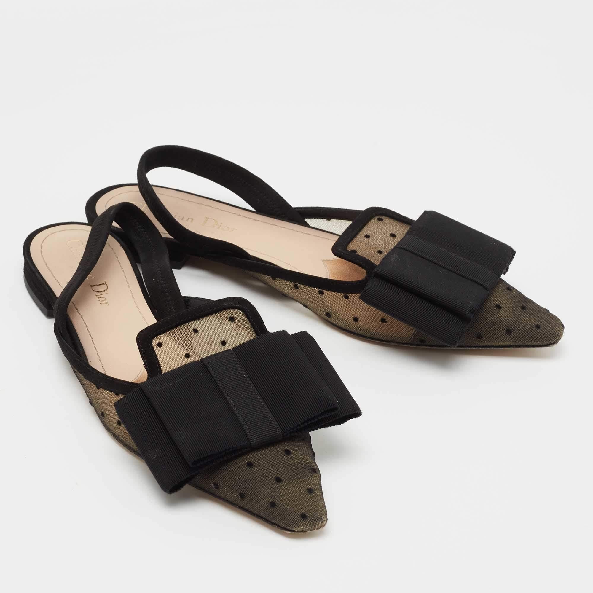 Dior Black/Beige Mesh Trim Polka Dot Bow Pointed Toe Slingback Mules Size 38 1